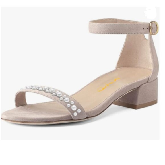 XYD Nude Pearls Open Toe Strappy Low Block Heel Sandal Ankle Strap with Buckle - Picture 1 of 8